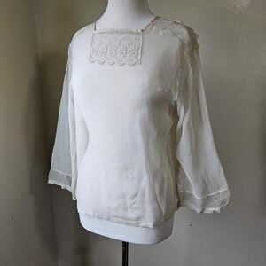 Vtg Antique 1920s Cream Sheer Silk Lace Square Neck Blouse Top Size 42/M